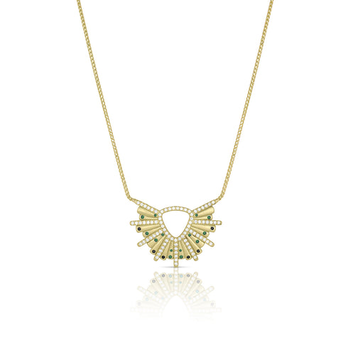 Dominique Cohen sunburst pendant necklace adorned in<br>emeralds, black diamonds, white diamonds <span class='visuallyhidden'>Text, call 323-404-2959 for shopping help.</span>